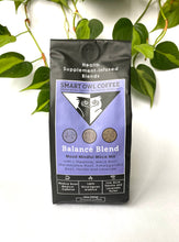 Load image into Gallery viewer, Smart Owl Coffee, Organic coffee, Non GMO coffee, sustainable coffee, ethical coffee, vitamin coffee, supplement coffee, healthy coffee, low acid coffee, low-acid coffee, Smart Owl Coffee, organic coffee, balance blend, infused coffee, supplement coffee, vitamin coffee, organic, usda certified, usda organic coffee, coffee, caffeine, theanine, l-theanine, maca, ashwagandha, vanilla coffee, lavender coffee, coffee alternative, mushroom coffee, medicinal mushroom, low acid coffee, low acid, supplement